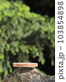 A podium made of sawn wood with a natural background on the stones. Front showcase with a stand for the presentation of goods. With a beautiful view of juicy greenery with bokeh. 103854898