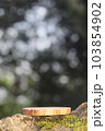 A podium made of sawn wood with a natural background on the stones. Front showcase with a stand for the presentation of goods. With a beautiful view of juicy greenery with bokeh. 103854902