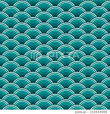 Colorful Chinese and Japanese seamless pattern. Traditional asian ornament, oriental New Year decoration. Modern blue background, geometric texture with waves. Vector illustration 103854908