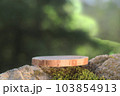 A podium made of sawn wood with a natural background on the stones. Front showcase with a stand for the presentation of goods. With a beautiful view of juicy greenery with bokeh. 103854913
