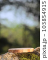 A podium made of sawn wood with a natural background on the stones. Front showcase with a stand for the presentation of goods. With a beautiful view of juicy greenery with bokeh. 103854915