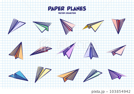 Hand drawn planes on checkered paper sheet. School notebook for drawing. Doodle airplane. Aircraft icon, simple colorful plane silhouettes. Outline, line art. Vector illustration 103854942
