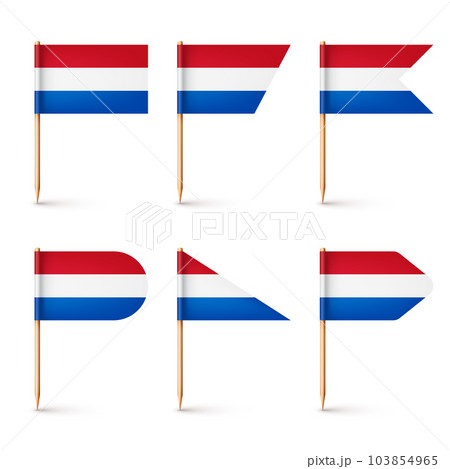 Realistic various Dutch toothpick flags. Souvenir from Netherlands. Wooden toothpicks with paper flag. Location mark, map pointer. Blank mockup for advertising and promotions. Vector illustration Realistic various Dutch toothpick flags. Souvenir from Netherlands. Wooden toothpicks with paper flag. Location mark, map pointer. Blank mockup for advertising and promotions. Vector illustration 103854965