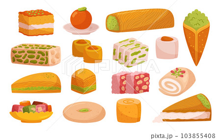 Delicious Assortment Of Eastern Sweets Offering A Tantalizing Variety Of Flavors And Textures, Vector Illustration 103855408