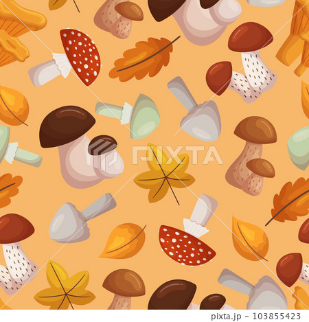 Seamless Pattern with Forest Mushrooms And Leaves, Creating A Harmonious And Organic Design, For Nature-themed Projects Seamless Pattern with Forest Mushrooms And Leaves, Creating A Harmonious And Organic Design, For Nature-themed Projects 103855423