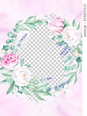 Floral background card. Wedding invitation template with circle wreath, white and pink peonies, lavender, gypsophila and eucalyptus, purple watercolor splashes. For save the date, greeting cards and 103855513