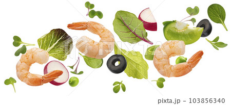 Falling shrimp salad ingredients isolated on white background Falling shrimp salad ingredients isolated on white background 103856340