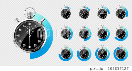 Realistic classic stopwatch. Shiny metal chronometer, black time counter with dial. Blue countdown timer showing minutes and seconds. Time measurement for sport, start and finish. Vector illustration 103857127