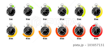 Realistic classic stopwatch. Shiny metal chronometer, black time counter with dial. Colorful countdown timer showing minutes, seconds. Time measurement for sport, start or finish. Vector illustration 103857131