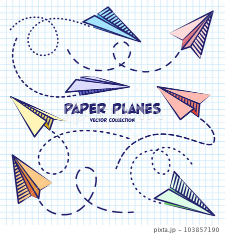 Hand drawn planes on checkered paper sheet. School notebook for drawing. Doodle airplane, dotted route line. Aircraft icon, simple colorful plane silhouettes. Outline, line art. Vector illustration Hand drawn planes on checkered paper sheet. School notebook for drawing. Doodle airplane, dotted route line. Aircraft icon, simple colorful plane silhouettes. Outline, line art. Vector illustration 103857190