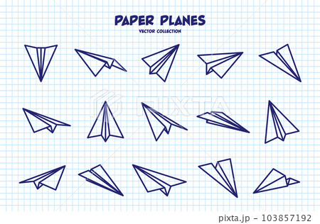 Hand drawn planes on checkered paper sheet. School notebook for drawing. Doodle airplane. Aircraft icon, simple monochrome plane silhouettes. Outline, line art. Vector illustration 103857192