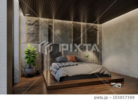 Modern bedroom interior design contemporary, with natural tones on the room, walls, floor and ceiling. rendering illustration 103857389