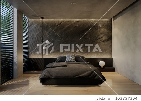 Modern bedroom interior design contemporary, with natural tones on the room, walls, floor and ceiling. rendering illustration 103857394