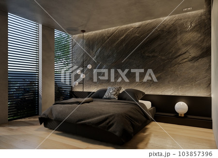 Modern bedroom interior design contemporary, with natural tones on the room, walls, floor and ceiling. rendering illustration 103857396