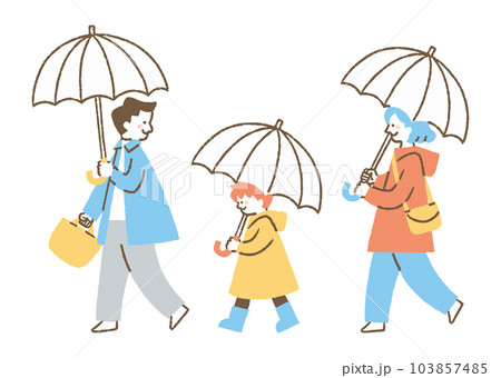 傘をさして歩く3人家族_色 103857485