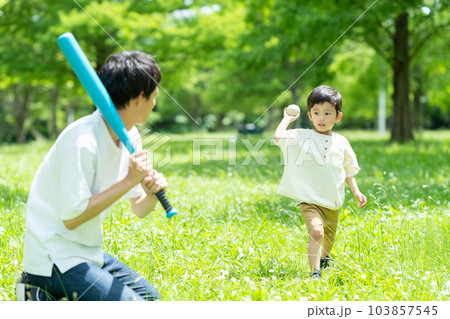 公園でボール遊びをする親子 公園でボール遊びをする親子 103857545