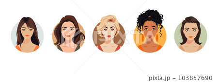 Vector Woman Avatar Set. Beautiful Young Girls Portrait Collection, Different Hairstyle. Female Face Types, Different Nationalities Portraits. Cartoon Multiethnic Society in Flat Style. Front View Vector Woman Avatar Set. Beautiful Young Girls Portrait Collection, Different Hairstyle. Female Face Types, Different Nationalities Portraits. Cartoon Multiethnic Society in Flat Style. Front View 103857690