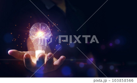 Double exposure Businessman Holding Light Bulbs with Brain Inside, Creative and Innovative Inspiration, Solution Analysis and Development, Innovative Technology. Double exposure Businessman Holding Light Bulbs with Brain Inside, Creative and Innovative Inspiration, Solution Analysis and Development, Innovative Technology. 103858566