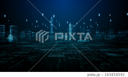 Cityscape location icons of GPS navigation, High speed internet connection and big data analysis, Technology digital data network connection background 3d rendering Cityscape location icons of GPS navigation, High speed internet connection and big data analysis, Technology digital data network connection background 3d rendering 103858592