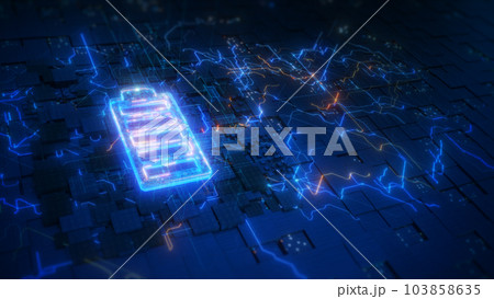 Green renewable energy battery storage future, Battery to electric cars and mobile devices with clean electricity, Technology battery high power electric energy, Technology digital background 3d 103858635