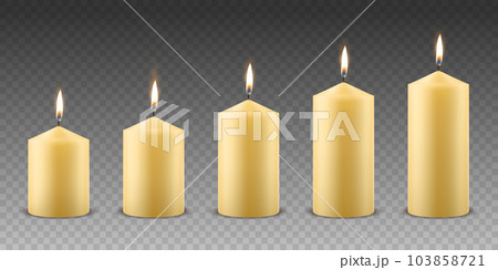 Vector 3d Realistic Yellow, Orange Paraffin Wax Burning Party, Spa Candle Set with Flame of a Candle, Isolated. Different Size Collection. Design Template, Front View 103858721