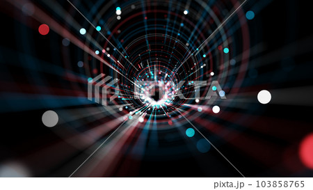 Neon Light line, Tunnel particle cycle shape with line and dots connect, Tunnel digital abstract background, 3d rendering 103858765