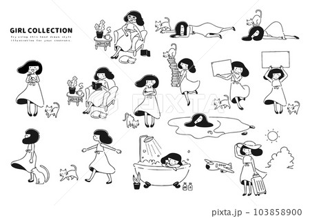 挿絵やアイキャッチに使うと一気に可愛くなるイラストセット　モノクロ 103858900