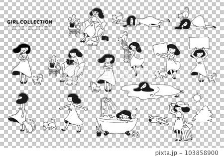 挿絵やアイキャッチに使うと一気に可愛くなるイラストセット　モノクロ 103858900