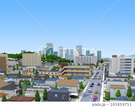 住宅街CG　住宅　街並み　風景　都会　道路　背景 103859751