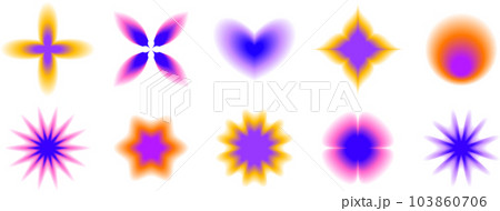 Smooth blurred gradient flowers, stars and heart set. Y2K blurry aura shape collection. Colorful abstract trendy elements for logo, templates, badges, stickers, collages. Vector pack  103860706