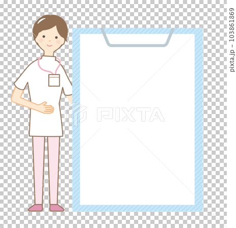 A female nurse with a notice board from the hospital (no letters) 103861869