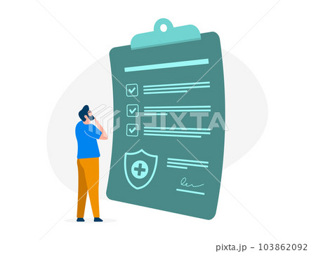 Health insurance and prescription concept. Patient reviews document carefully. Secure your health with insurance. Trustworthy medical prescriptions 103862092