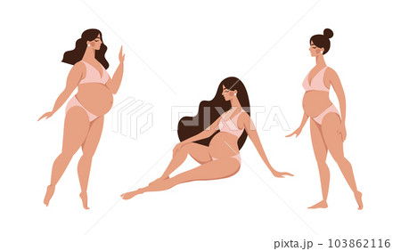 Vector set of contour beautiful nude pregnant women. Maternity