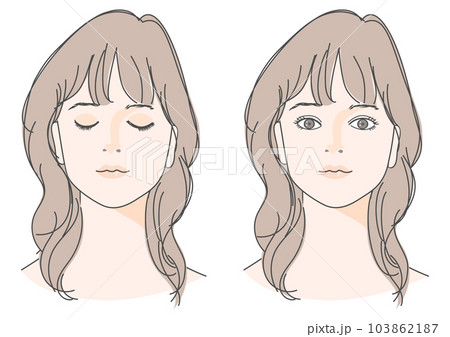 目を閉じた女性と目を開けた女性の顔 正面アップのイラストセット 茶髪 癖毛 セミロング 103862187