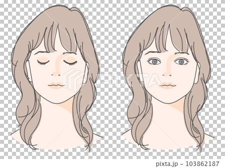 目を閉じた女性と目を開けた女性の顔 正面アップのイラストセット 茶髪 癖毛 セミロング 103862187
