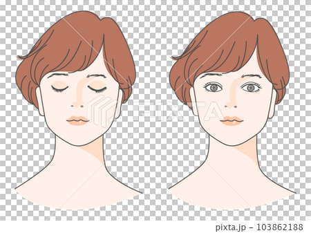 閉眼女性和睜眼女性的臉正面特寫插圖集紅髮短鮑勃棕色頭髮 103862188