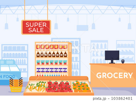 Food Grocery Store Shopping Vector Illustration with Foods Items and Products Assortiment on the Supermarket in Flat Cartoon Hand Drawn Templates 103862401