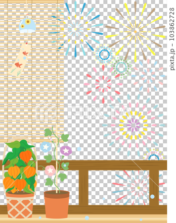 花火と朝顔とホオズキと風鈴と簾の夏をイメージしたイラスト 縦書きバージョン 花火と朝顔とホオズキと風鈴と簾の夏をイメージしたイラスト 縦書きバージョン 103862728