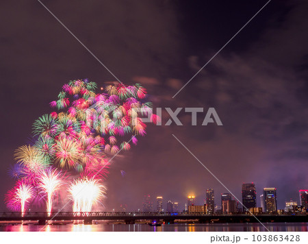 なにわ淀川花火大会を河川敷から眺める なにわ淀川花火大会を河川敷から眺める 103863428