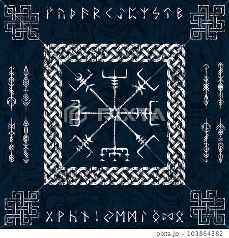 Blue vegvisir viking Scandinavian symbols background Blue vegvisir viking Scandinavian symbols background 103864382
