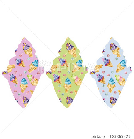 Ice-cream watercolor doodles figures filled with colorful seamless pattern.Pink, green and blue ice-cream in cone figures 103865227