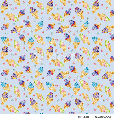 Ice-cream watercolor seamless pattern. Colorful summer fresh colorful dessert pattern on blue background Ice-cream watercolor seamless pattern. Colorful summer fresh colorful dessert pattern on blue background 103865228