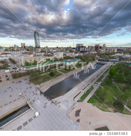 Embankment of the central pond and musical fountain. The historic center of the city of Yekaterinburg, Russia, Aerial View Embankment of the central pond and musical fountain. The historic center of the city of Yekaterinburg, Russia, Aerial View 103865363