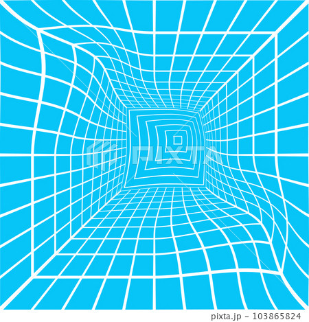Distorted white square room wireframe on blue background. Hallway, studio, portal or box warped grid structure in perspective. Engineering, architecting or technical scheme 103865824