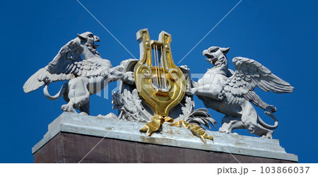 Kiev, Ukraine August 23, 2020: Architectural decoration of ancient buildings Kiev, Ukraine August 23, 2020: Architectural decoration of ancient buildings 103866037