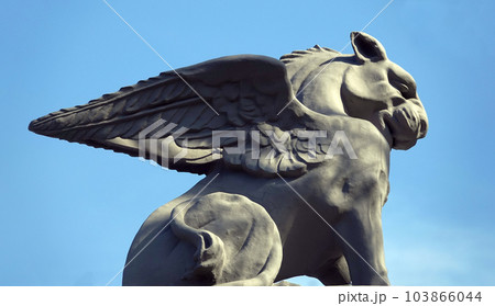 Kiev, Ukraine June 10, 2021: Sculpture of a lioness with wings on the facade of a building in the center of Kiev 103866044