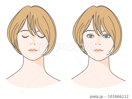 目を閉じた女性と目を開けた女性の顔 正面アップのイラストセット 茶髪 ボブ 斜めバングス 目を閉じた女性と目を開けた女性の顔 正面アップのイラストセット 茶髪 ボブ 斜めバングス 103866212