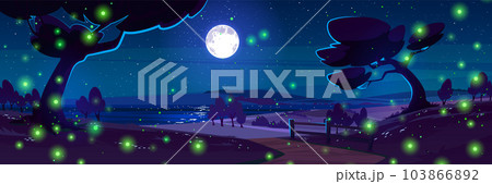 Night landscape with moon in sky and fireflies 103866892