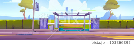 Bus stop station on city road background near sign 103866893