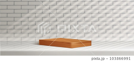 Realistic rectangle wood podium on tiled wall 103866991